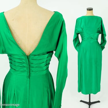 1950s Emerald Green Silk Evening Dress | 50s Emerald Green Sheath | Matlynn Tails | Medium 