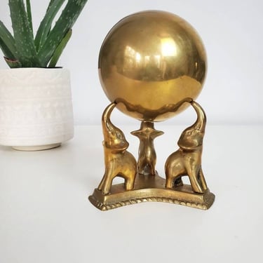 Vintage Brass Elephant Stand with Gazing Ball 