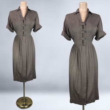 VINTAGE 50s New Look Plus Size Brown Rayon Day Dress | 1950s MCM Atomic Arrow Point Dress | VFG 