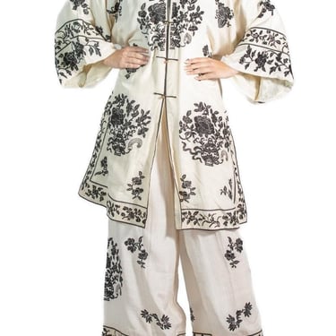 Black  White Silk Embroidered Pajamas 