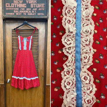 Vintage 1970’s Gunne Style Cotton Floral Peasant Boho Dress, Hippie, Boho, Prairie Dress, 1970’s Dress, Floral, Lace, Gunne Sax Style, 