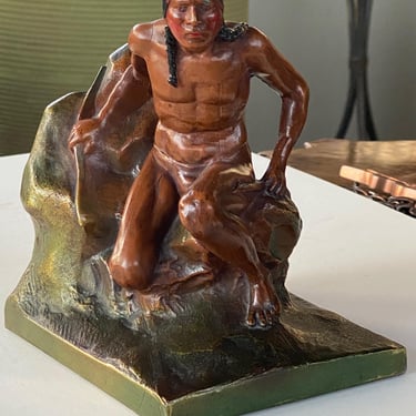 Vintage K&O Bronze Hand Painted Native American Bookend 