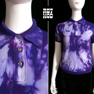 Groovy Vintage 70s Purple Tie-Dye Stretchy Polo Shirt 