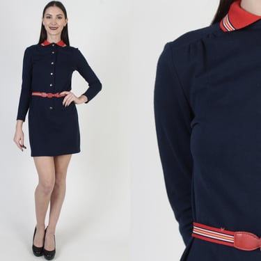 Belted Navy Blue Jersey Dress, Vintage Preppy Go Go Mini, Peter Pan Collar, Shirt Button Up Frock 