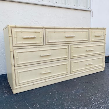 Vintage Faux Bamboo Dresser with 7 Drawers by Dixie Aloha Collection - Beige Hollywood Regency Coastal Credenza or Sideboard Furniture 