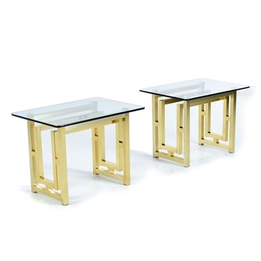 Pair of Hollywood Regency Modern Nineteen-Laties Greek Key Gold Colored Brass Glass Top Side Tables 