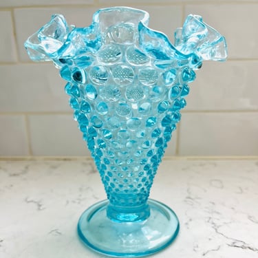 Vintage Blue Fenton Glass Ruffled Hobnail Vase by LeChalet