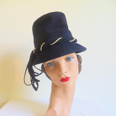 1950's Navy Blue Felt Hat Stovepipe Style Faux Pearl Trim 50's Fall Winter Millinery Rockabilly Noreen Size 22.5 