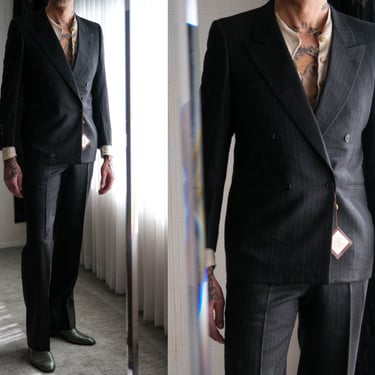 Vintage 80s CHRISTIAN DIOR Charcoal Pinstripe Wool Double Breasted Suit Unworn w/ Original Tags | Made in Italy | 1980s DIOR Designer Suit 