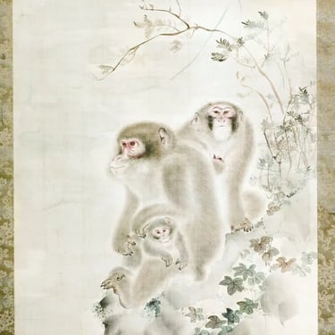 Japanese Silk Scroll Painting of Moneys Edo Period Mori Tetsuzan