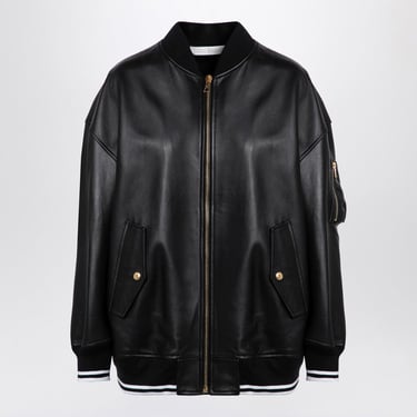 Palm Angels Black Leather College Bomber Jacket Women