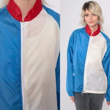 80s Baseball Windbreaker Jacket Blue White Color Block Raglan Sleeve Vintage 1980s Zip Up Nylon Shell Jacket Red Collar Medium 