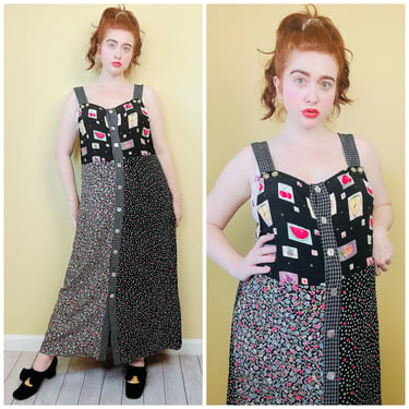 1990s Vintage Carol Anderson  Rayon Fruit Print Dress / 90s Overalls Polka Dot Mixed Patchwork Overall Dress / Size XL 