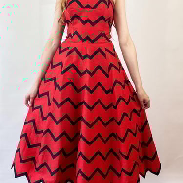 Vintage 50s Red and Black Striped Strapless Cotton Pique Party Dress Zigzag Hem Jay Originals Warshaw Miami 