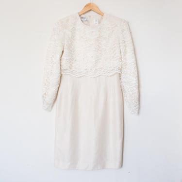 Leslie Fay | Vintage 80’s/90’s Lace & Pearl Long Sleeve Bridal Dress | Size 12, Wedding, Bridal, Communion/ Mother of Bride, Classic, Chic 