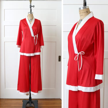 vintage 1970s 2 piece wide leg pants pajamas • sexy red nylon robe / wrap tunic & bottoms 