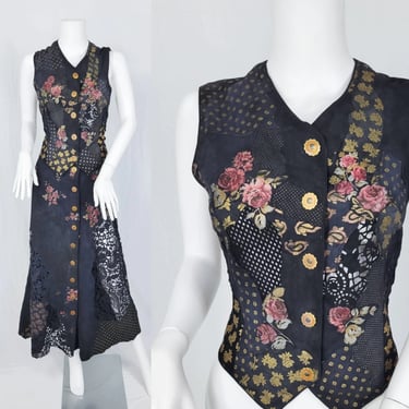 Vintage Roberto Cavalli Black Leather Painted Floral Print 2Pc Skirt Vest Set I Sz Med I Italy I Cutout I Laser CutI Y2K 