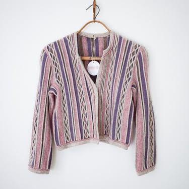 Vintage 1970s Handknit Wool Cardigan | XS/S | 70s Pastel Purple and Pink Cropped Knit 