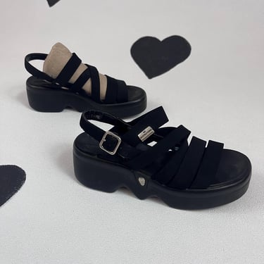 90s y2k strappy chunky black platform sandals 1990s 00s open toe ankle strap cyber raver wavy bubble sole summer flatform wedge shoes size 7 