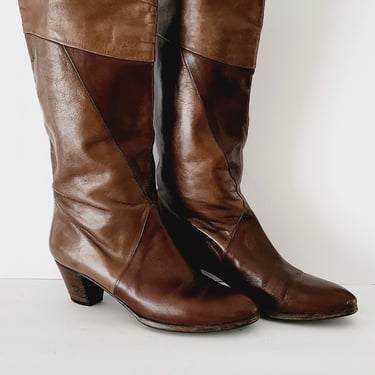 1980s Brown Leather Knee High Boots Dual Tone by Lavorazione Artigiana Size 8.5 