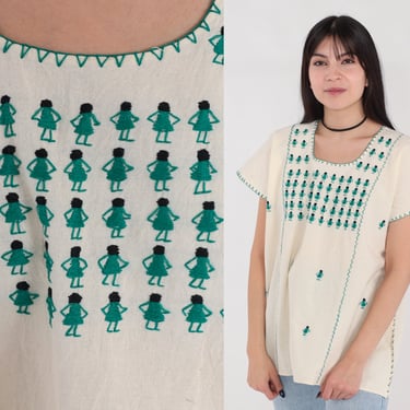 Embroidered Blouse 90s Cream Mexican Folk Art Shirt Green People Print Hippie Top Bohemian Retro Short Sleeve Vintage 1990s Cotton Large L 
