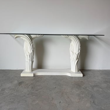 1970’s Hollywood Regency Serge Roche–Style Carved Palm Tree Console Table with Glass Top 