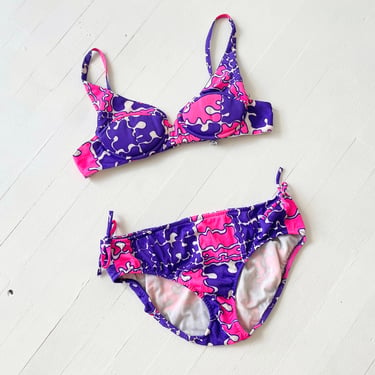 1970s Purple + Pink Squiggly Print Bikini 