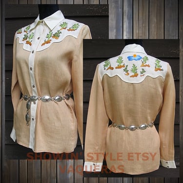 Vaqueras Vintage Western Cowgirl Shirt, Rodeo Queen, Beige & Ivory with Embroidered Cactuses in Bloom, Tag Size Small (see meas. photo) 