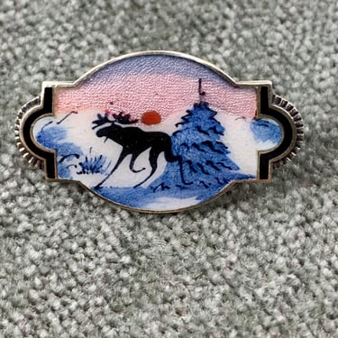 1920's Bull Moose Brooch - Norwegian Colorful Guilloche Enamel - Signed NORNE 925 - Winter Snow Scene - Locking Clasp 