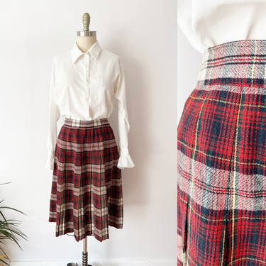 SIZE M 1960s Red & Blue Tartan Plaid Wool Skirt / 60s Plaid A Line Skirt Pleated Academia / Light Romantic Academia 