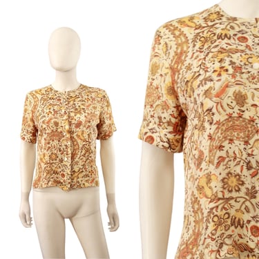 1950s Whimsical Novelty Print Blouse - 1950s Orange Blouse - 1950s Yellow Blouse - 1950s Short Sleeve Blouse - 50s Blouse | Size Small 