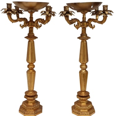 Candelabra, Continental, Gilt Metal, Four- Light, Candle Cup, Pair, Large!