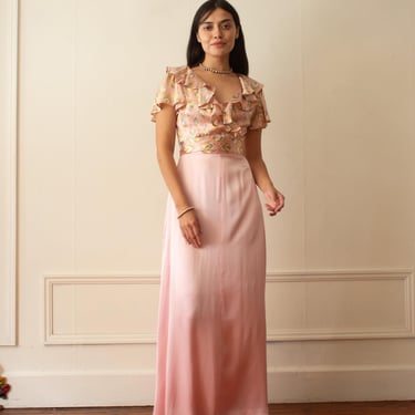 1970s Young Edwardian Softest Pink Satin Gown with Ikat Ruffled Wrap Top 