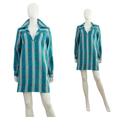1970s Teal Wool Plaid Tunic Dress - 1970s Plaid Dress - 1970s Blue Plaid Dress - Vintage Wool Plaid Dress - 1970s Tunic Dress | Size Small 