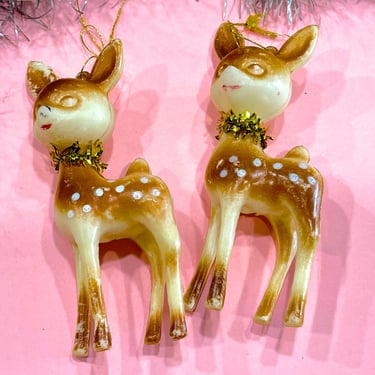 VINTAGE: 2pcs - Old Blown Plastic Reindeers - Deer - Buck - Animal - Ornament - Holiday, Christmas, Xmas 