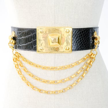 Vintage 80s 90s STREETS AHEAD Black Crocodile Embossed Wide Belt w/ Gold Buckle & Chain | 100% Genuine Leather | 1980s 1990s Designer Belt 