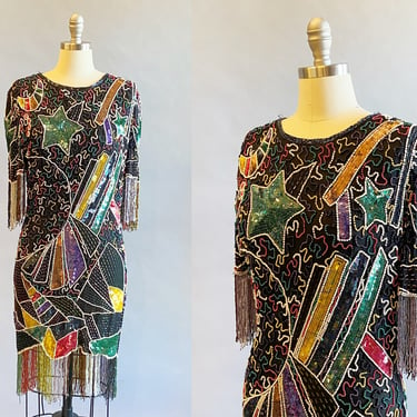 1980's Beaded Fringe Dress / 80's Multicolored Sequin Dress / Rainbow Beaded Dress / Flapper Dress / Size Medium 