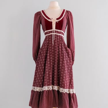 Vintage 1970's Autumnal Burgundy Calico Red Prairie Style Dress / S