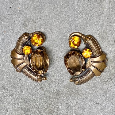 Vintage 1940s Brass and Rhinestone Clip-Ons, 40s Scabbard Statement Earrings for Non-Pierced Ears 