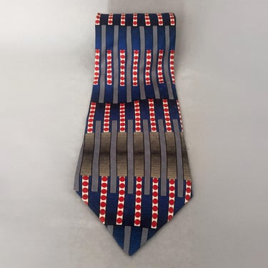 1990s Geometric Printed Silk Tie by Format | 90s Vintage Blue, Red, Black, and White Necktie 