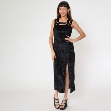 Vintage Velvet Strappy Dress 90s Black Crushed Velour Gold Button Detail Slit Bodycon Party Gown 1990s Gothic Evening Midi Medium M 