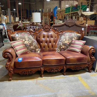 Ornately Wooden Carved Leather and Silk Upholstered Sofa