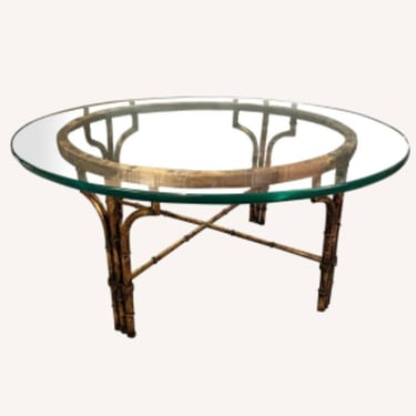 Wonderful round vintage metal faux bamboo table with heavy 36” glass top 