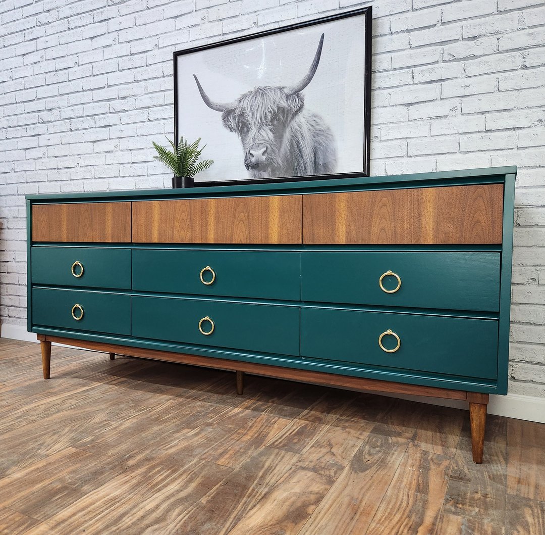 Emerald Green and Walnut Midcentury Modern Dresser / Buffet / tv stand