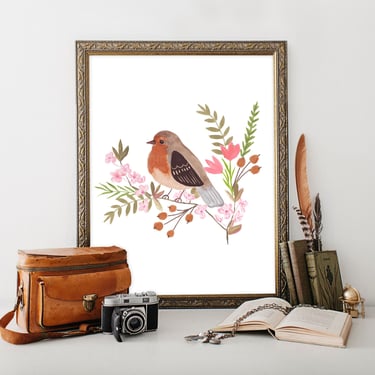 Robin With Cherry Blossoms Art Print/ Bird and Floral Illustration/ Woodland Botanical Home Decor/ Nursery Decor/ Girl's Bedroom 
