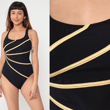 Black Starburst Bathing Suit 90s Gold Trim One Piece Swim Suit Swimsuit Low Scoop Back Vintage Retro Swimwear Large 12 