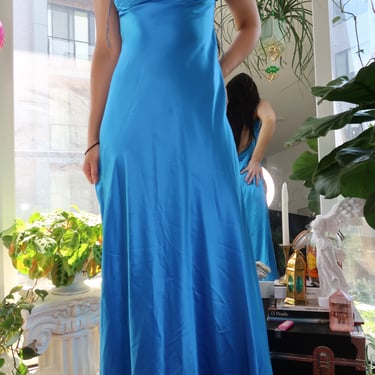 Vintage 100% Silk Blue Evening Gown with Rhinestone Detail – Y2K Glam