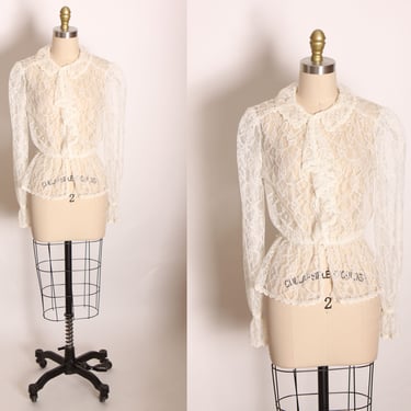 1970s White Sheer Lace Long Sleeve Ruffle Bodice Button Up Blouse -L 