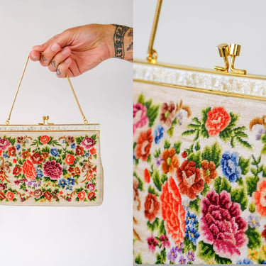 Vintage 60s Floral Petit Point Tapestry Hand Bag w/ Gold Clasp | Snake Chain Strap | Hand Made | 1960s Designer Hand Bag Headstock 
