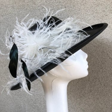 Vintage formal hat brim boater black straw sinaway boa feathers white  black feather by Adolfo II NY Paris sz 21” 